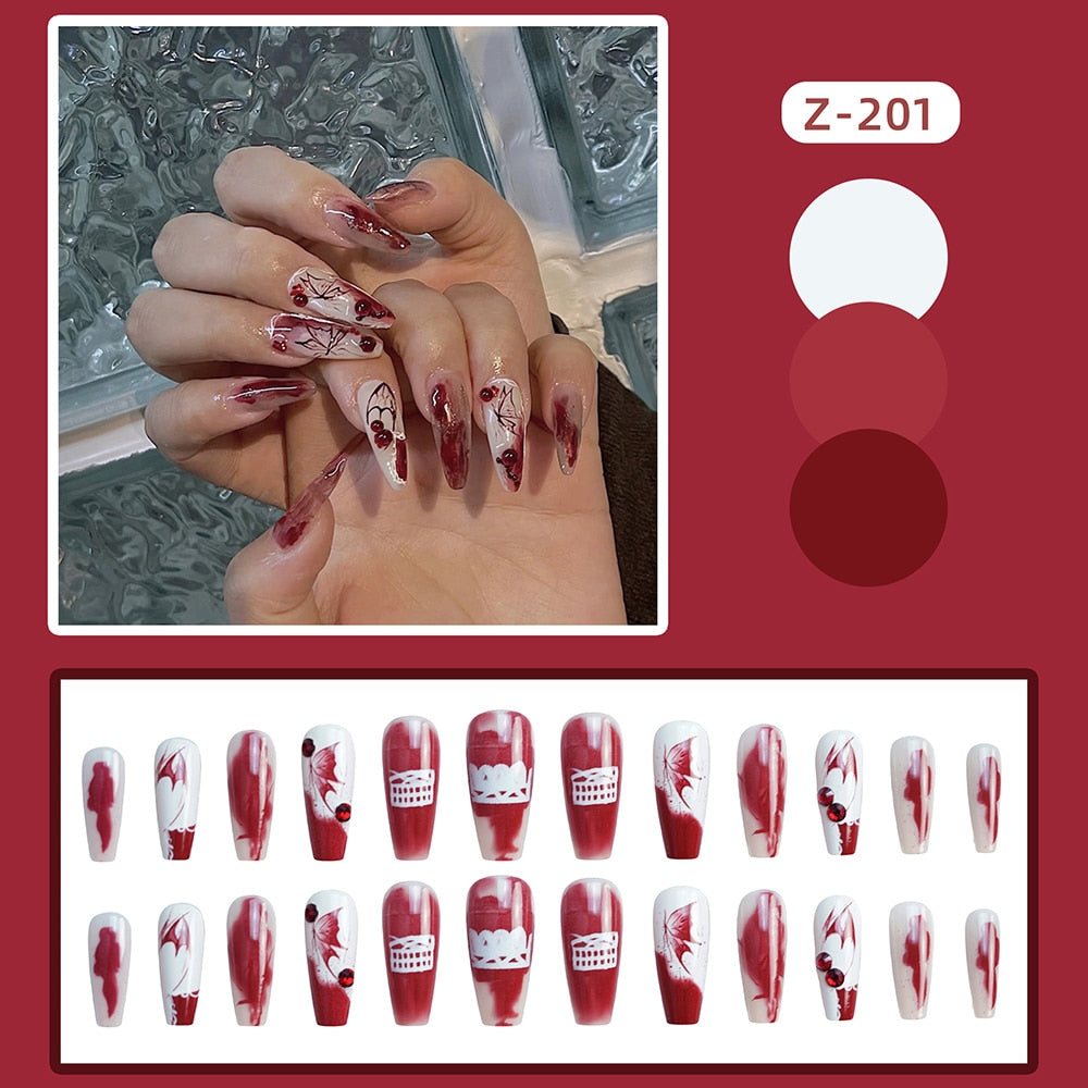 Thanksgiving Day Gifts 24Pcs Fake Nail Tips Red Rhinestone Butterfly Ballet False Nails With Glue Acrylic Coffin Press On Nail Full Cover Manicure Tool