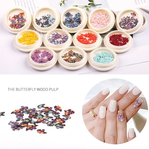 Beyprern 3Boxes Nail Art Accessories Wood Pulp Chips Butterfly Floral Alphabet Wings For Nails Decorations DIY Manicure Charms Supplies