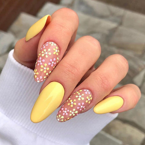 Beyprern Almond French False Nail With Flower Glitter Gold Foil Design Wearable Press On Nails Acrylic Reusable Full Cover Fake Nail Tip