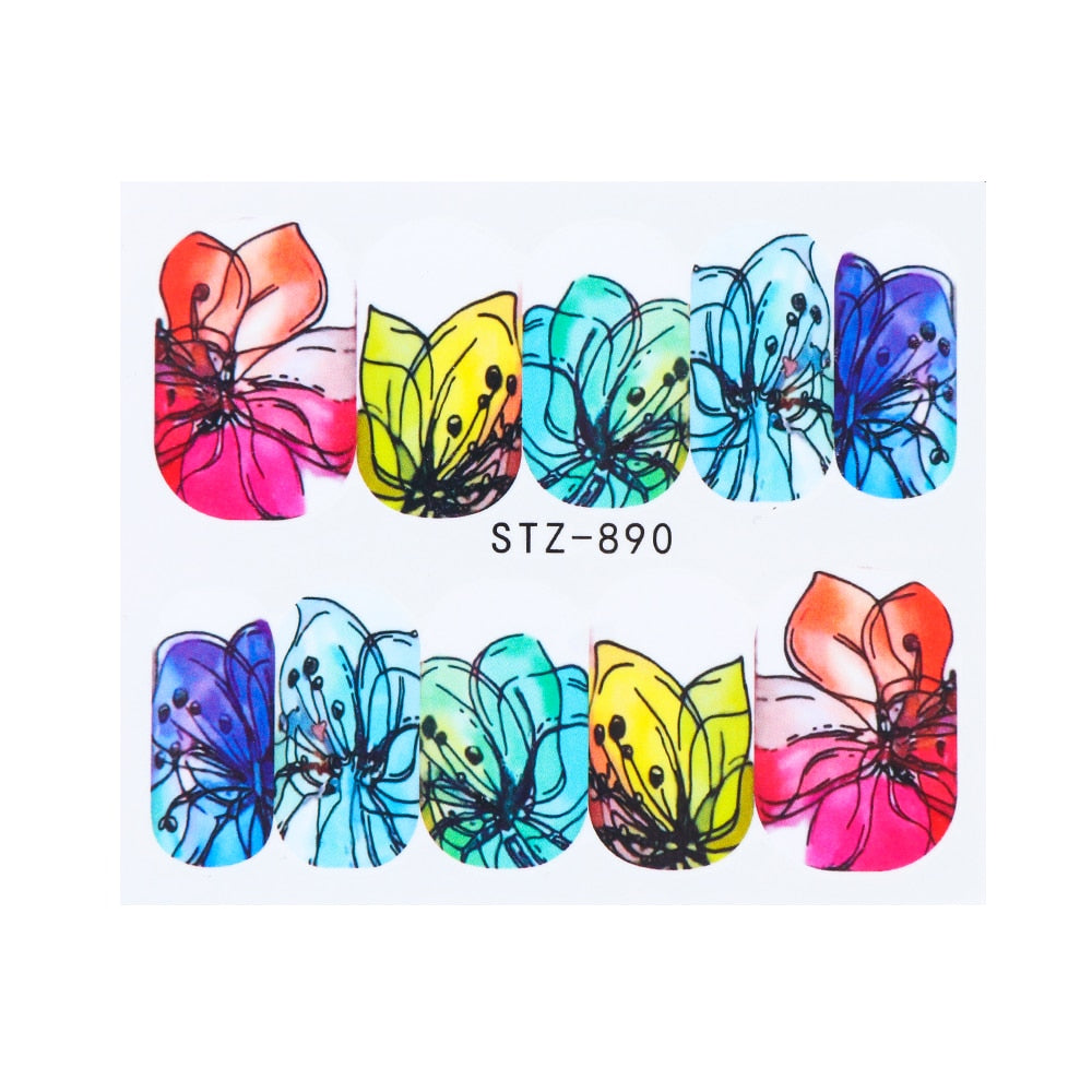 Beyprern 1 Sheet Water Decals Nail Art Stickers  Flowers Cartoon New Designs Watermark Transfer Red Colorful Manicure SASTZ501-512