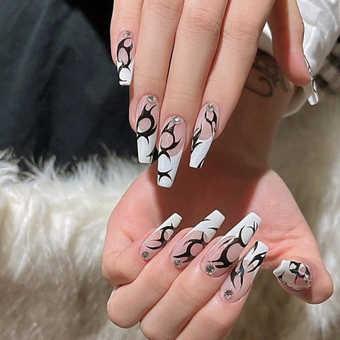 24Pcs/Box Long Coffin False Nails Tips Artificial Ballerina Black And white Fake Nails Full Cover Manicure Tool With Press Glue