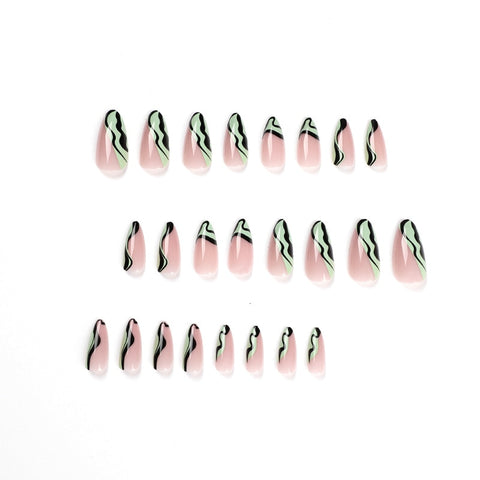 Beyprern 24Pcs Simple Green French False Nails Black Wave Press On Nails Full Cover Fake Wearing Finger Nails Almond Nail Art For Women