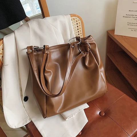 Women's bag soft PU leather shoulder bag Large capacity versatile portable School bag Shopping Tote Bag