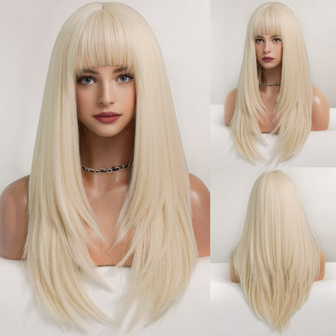 Cyber Monday Big Sales Long Straight Wavy Wig With Bangs Natural Blond Hair For Daily Cosplay Party Heat Resistant Fiber Synthetic Wigs For Women Wig