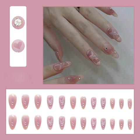 Fake Nails With Rhinestones Nail Tips Heart Design Oval Tip Almond False Nails Artificial Nails Art Press On Nails Free Shipping