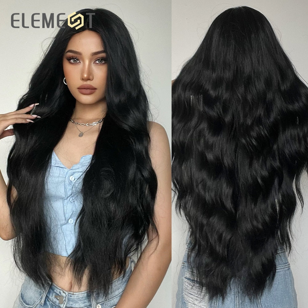 Christmas gifts ELEMENT Synthetic Fiber Long Body Wavy Black Middle Part Wigs For Women Heat Resistant Cosplay Party Daily Fashion Wig Hair