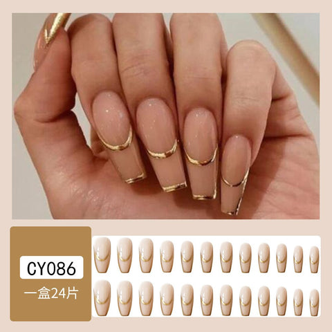 Beyprern 24Pcs Gold Foil Stripe Print Long Ballerina Press On Nails Detachable Full Cover False Nails Kit Reusable Fake Nails