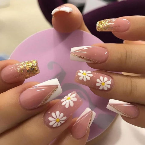 24pcs French Gold Foil Glitter Daisy Flower False Nails Long Coffin Ballerina Wearable Artificial Fake Nails Full Cover Manicure