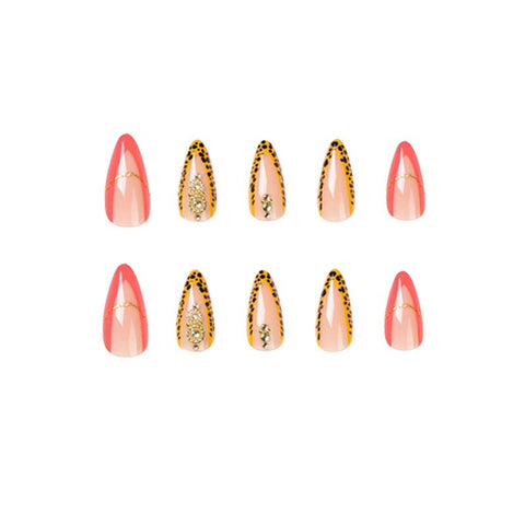 Beyprern 24Pcs False Nails Tip Leopard Design Press On Nails With Rhinestones Orange French Artificial Fake Nails Reusable Stick On Nails