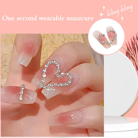 Beyprern 24Pcs False Nails Rhinestone Heart Decorated With Glue Fake Nails Pink Gradient Ballet Long Coffin Nails Full Cover Manicure Art