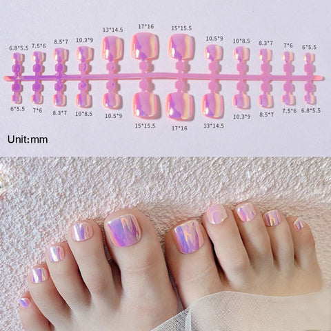 24pcs Detachable For Foot Acrylic Square Aurora Mirror Fake Press On Nails Toe False Nails Girls