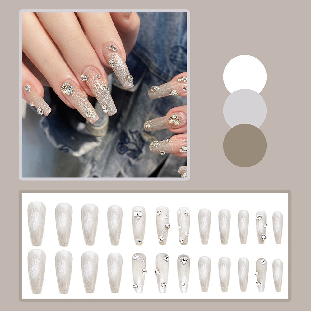 Easter  Press on nails Silver Diamond Glitter Gradient Ballerina False Nails With Design Wearable Coffin Fake Nails Full Cover Nail Tips