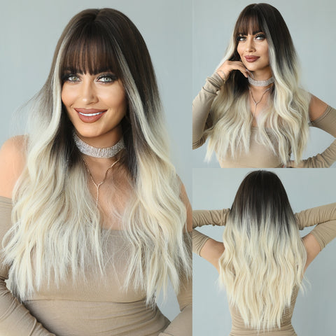 Beyprern Ombre Women Wavy Wig With Bangs Synthetic Heat Resistant Blonde Wigs For Woman Cosplay Daily Party Long Straight Wigs