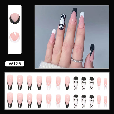 Beyprern 24Pcs False Nails Wearable Black White French Fake Nails With Heart Designs Full Cover Press On Acrylic Manicure Nail Tips Tools