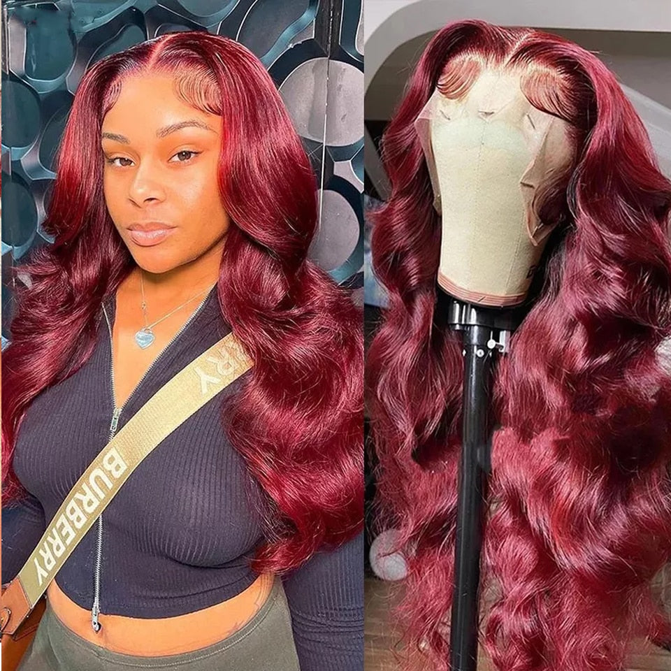 Beyprern 99J Body Wave Lace Front Wig 13X4 HD Lace Frontal Wigs Red Burgundy Lace Front Human Hair Wigs Colored WAVY Human Hair Wigs