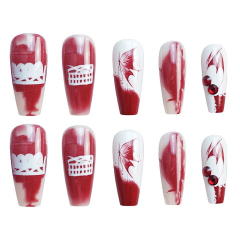 Thanksgiving Day Gifts 24Pcs Fake Nail Tips Red Rhinestone Butterfly Ballet False Nails With Glue Acrylic Coffin Press On Nail Full Cover Manicure Tool
