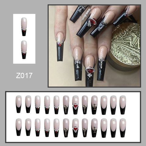 Beyprern 24Pcs Press On Tips Nails Long Coffin False Nails Red Rhinestone Full Cover French Ballerina Fake Nails Nail Tips Manicure Tool