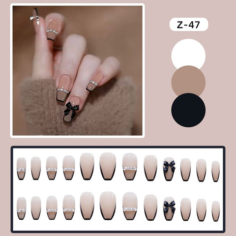Fake Nails With Rhinestones 24Pcs Glossy Wearable Nail Tips Design Black Bow Fake Nail For Women And Girl Free Shipping Items