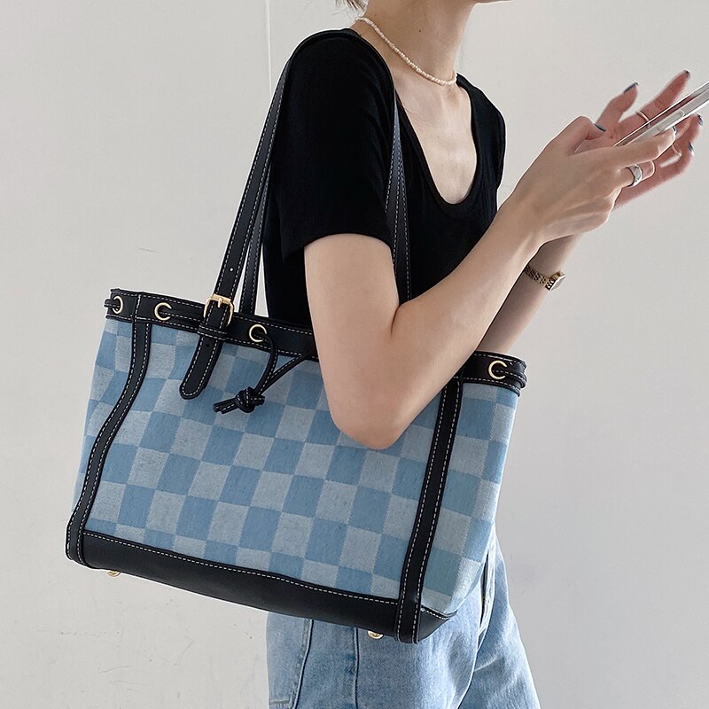 Fashionable and simple canvas checkerboard tote bag Large capacity denim Women's Shoulder bag