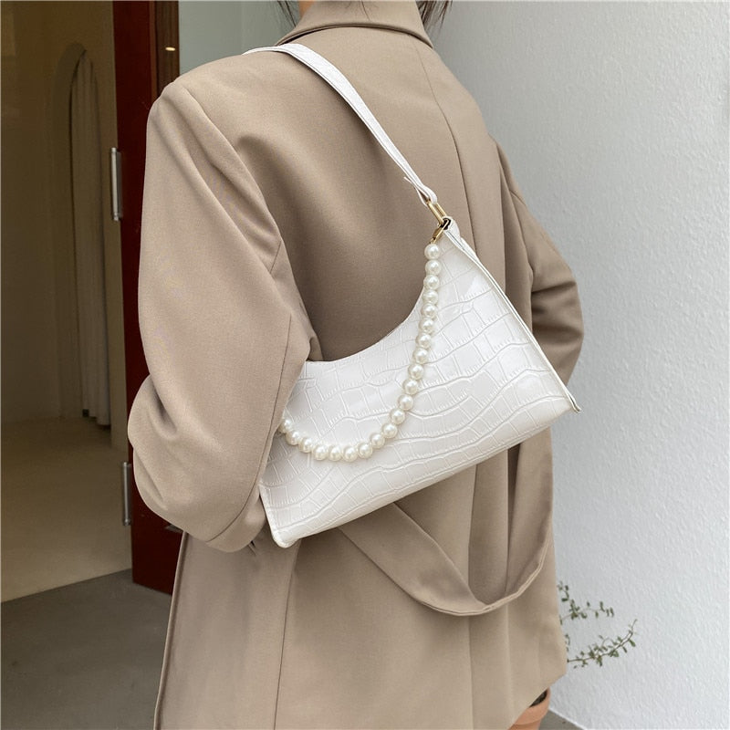 Beyprern Armpit Bag Women Retro Handbag PU Leather Underarm Shoulder Bag Fashion Pearl Top Handle Bag Female Small Subaxillary Bag Clutch