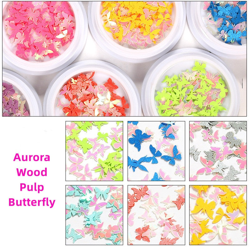 Beyprern 2Boxes Nail Art Accessories Wood Pulp Chips Aurora Symphony Butterfly For Nails Decorations DIY Multicolor Nail Charms Supplies