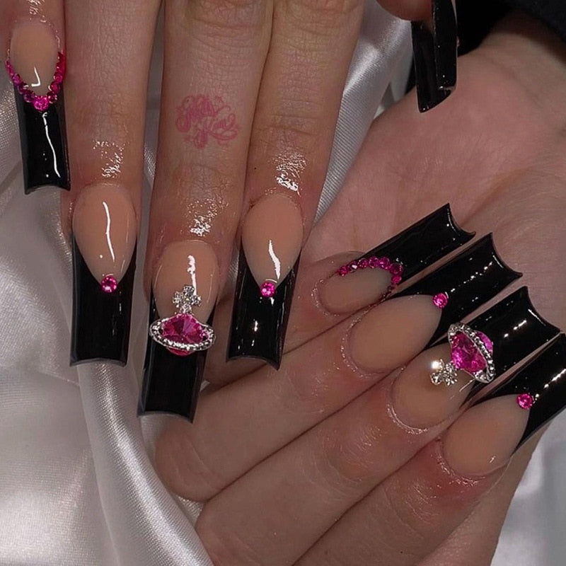 Cyber Monday Big Sales JP1622 Black French Tip Press On Nails With Designs Extra Long Red Rhinestone False Nails With Adhesive Tabs