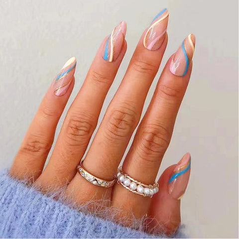 Beyprern Almond False Nails 24Pcs Press On With Design Wave Line Art Full Cover Wearable Women And Girls Nail Tips Free Shipping Items