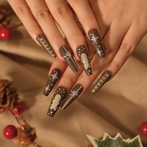 Beyprern Christmas Nail Art 24Pcs Press On Nails Set Holiday False Nails Ballerina Stick On Nails Full Cover Fake Nails Gift Reusable