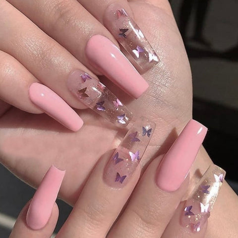 Beyprern Lilac Gradient Butterfly Pattern Fake Nails Full Cover False Nails Extra Long Ballerina Coffin Nails Manicure Nail Art Tools