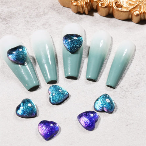 Beyprern 50Pcs/Bag New Nail Art Charms 3D Glitter Cat Eye Love Heart Jewelry Green Blue Flat Bottom DIY Manicure Decorations Accessories
