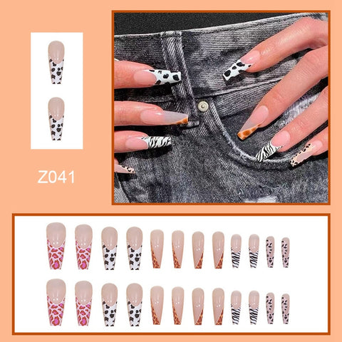 Beyprern 24Pcs With Diamond Ballerina False Nails Press On Nails French Long Coffin Fake Nails With Leopard Design Full Cover Nail Tips