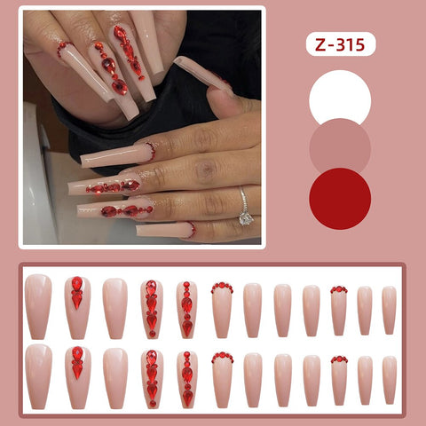 Fake Nails With Rhinestones 24Pcs Glossy False Nail With Red Diamond Long Pink Fake Nail For Girl Press On Acrylic Nails