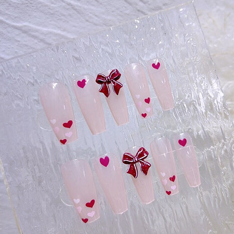 Press On Nails Heart 24PCS Long Ballet Nails Japanese Red Full Cover Nail Tips Design Nail For Women Girls Free Shipping Items