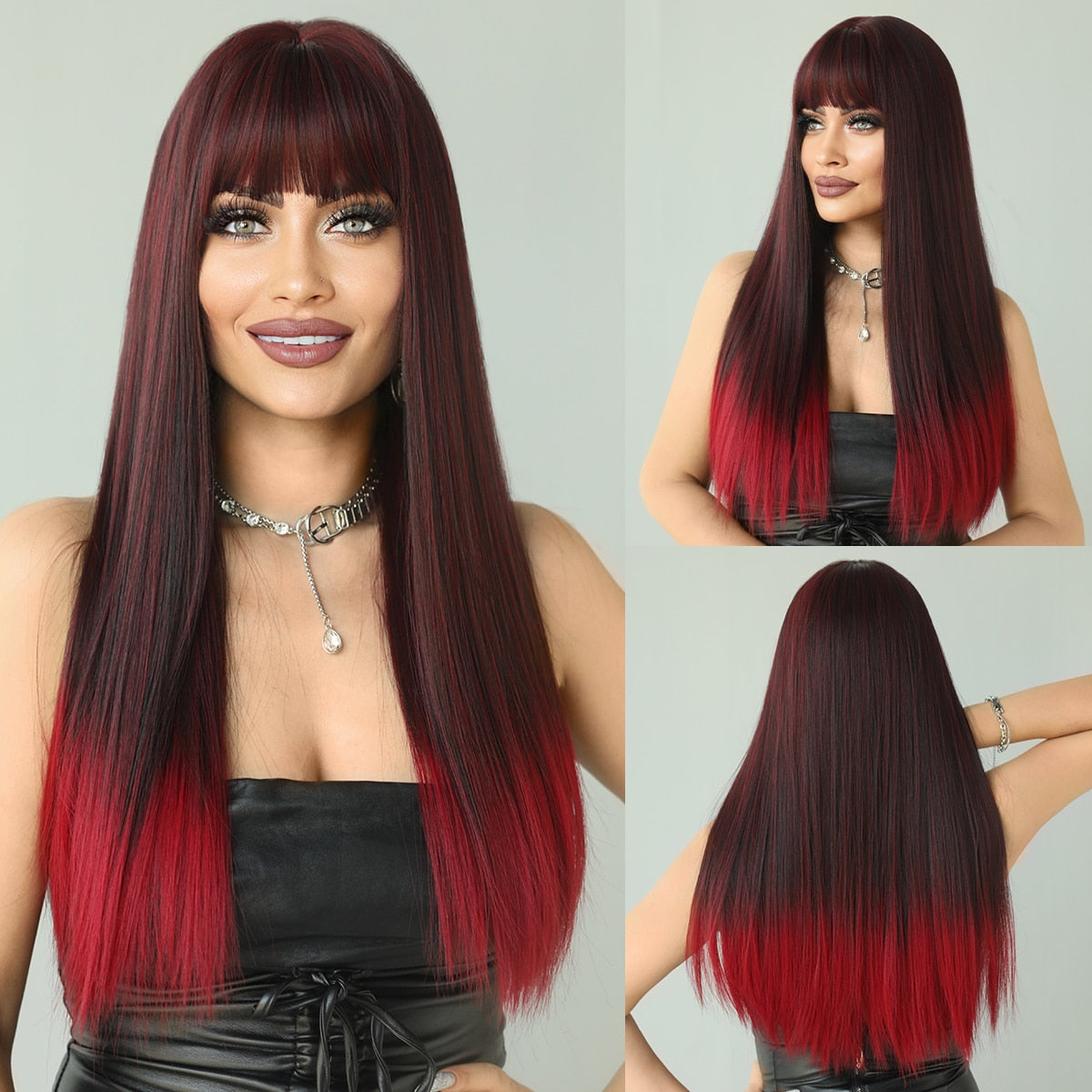 Cyber Monday Big Sales Halloween Cosplay Wig With Bang Synthetic Wigs For Women Heat Resistant Natural Hair Long Straight Ombre Wine Red Wigs