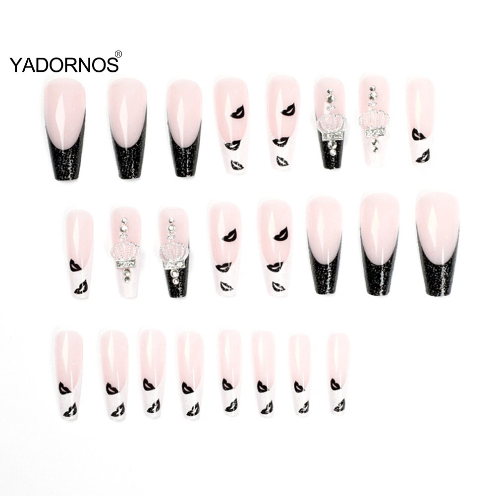Easter  24PCS Long Press on Nails Cute Black Lip Print Full Coverage Artificial Nails Finished Nail Piece 24PCS Best Gifts Fake Nails TY