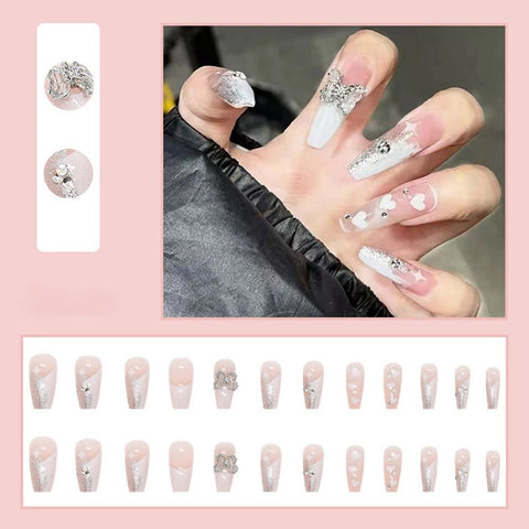 Beyprern 24Pcs Butterfly Decorated False Nails Removable Long Paragraph Fashion Manicure Press On Nail Tips Full Cover Acrylic For Girls