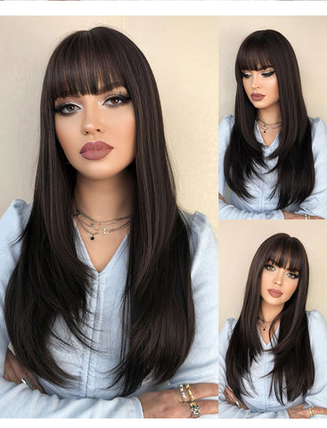 Beyprern Thanksgiving Day Gifts Women Synthetic Wigs With Bangs Light Brown/Flaxen/Black Color Long Straight Wigs Female Cosplay Natural Heat Resistant Wig