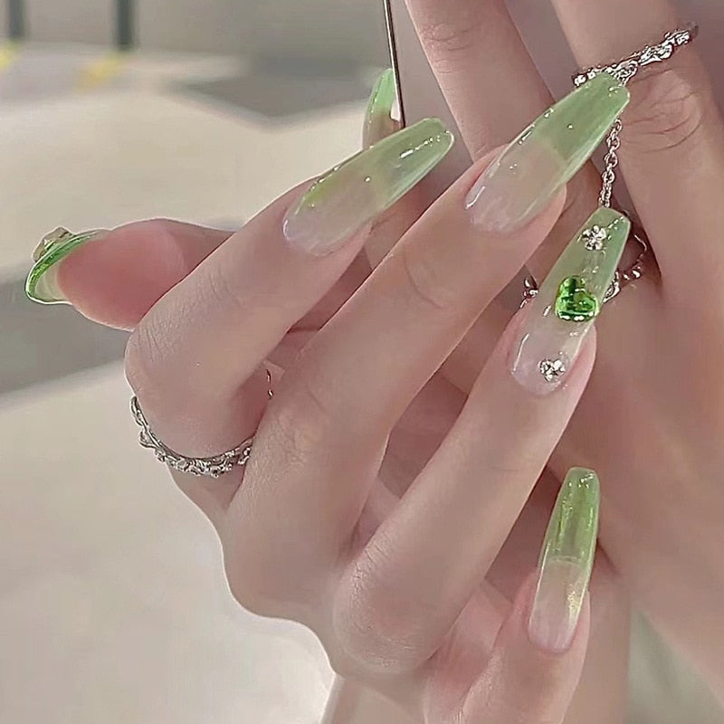 Beyprern 24Pcs Women Wearable Coffin False Nails Full Cover Fake Press On Nails Fresh Green With Shiny Rhinestone Fake Nails With Gule