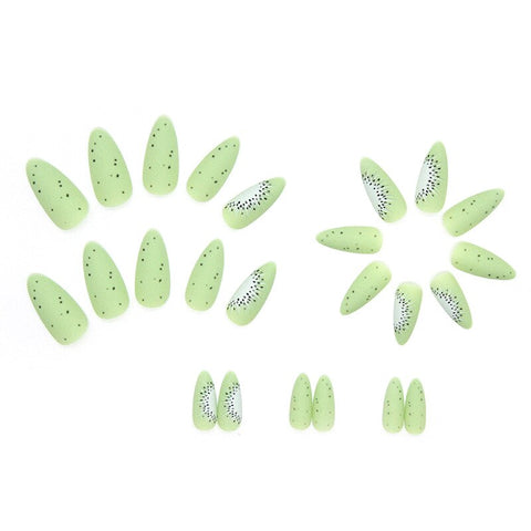 Beyprern 24Pcs Kiwi Fruit Green Frosted Fake Nails Pastoral Nail Art Pieces Ins Matte Press On Nails Full Cover Almond False Nail Fashion