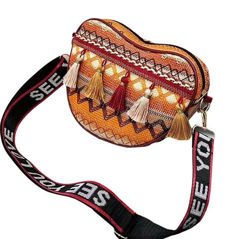 Women's Messenger Bag, Ethnic Style Tassel Decoration Zipper Closure Heart-Shaped Crossbody Bag