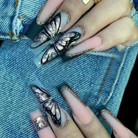 Beyprern Pink Marble Smudge False Nails Glitter Rhinestone Butterfly Design Long Coffin Ballet Press On Nails Detachable Fake Nail Tips