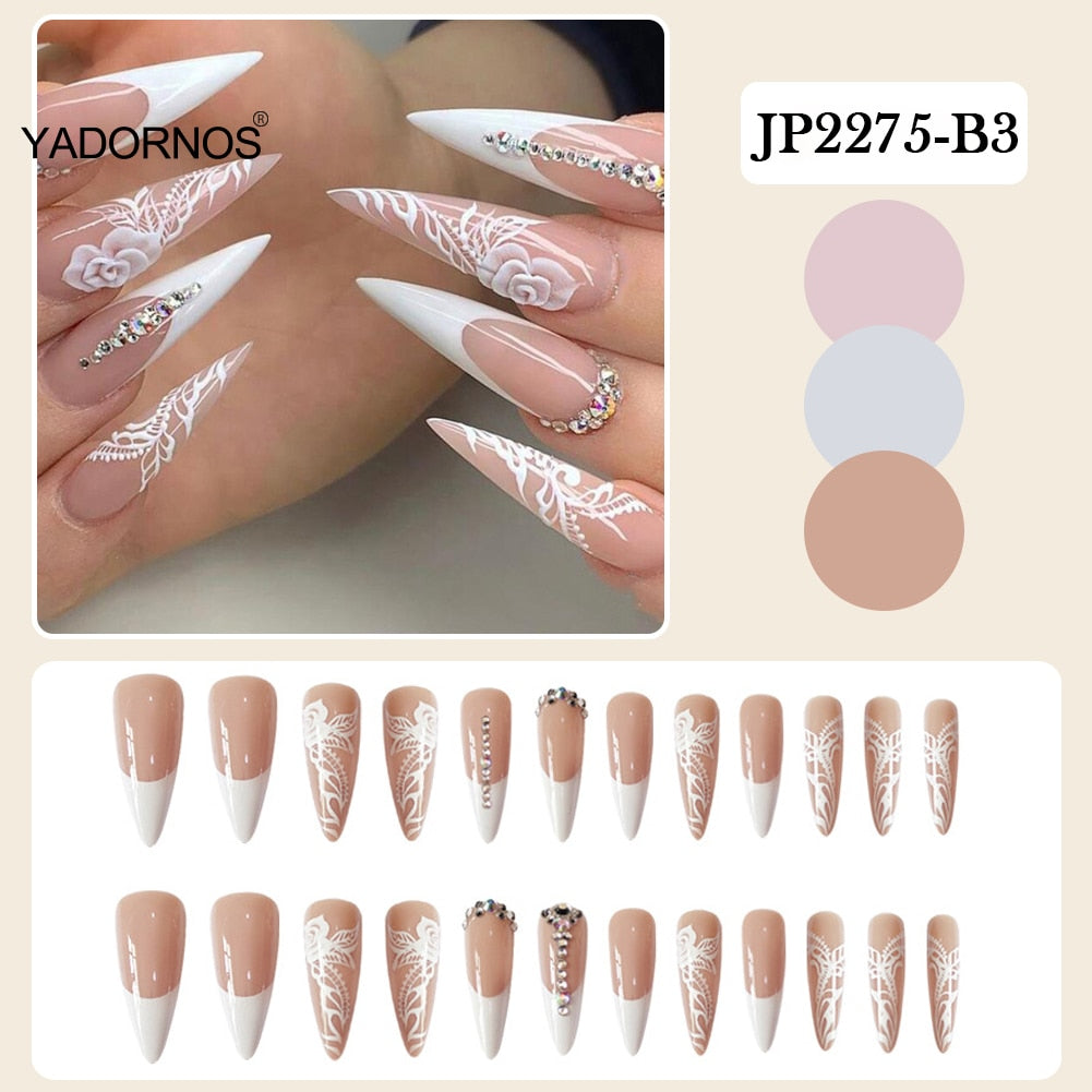 Designer Nails Set Press On Nails 24pcs Rose Print Fakes Nails Long Pointed Head Artificial Nails Finished Nail Piece Jelly Gel