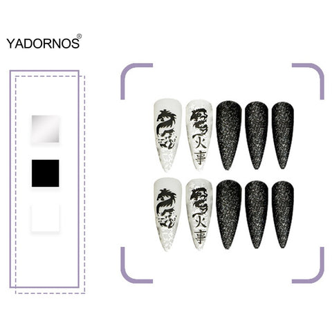 French Nails Tips 24PCS Dragon Print Fakes Nails Long Pointed Head Sweet Style Artificial Nails Finished Nail Piece Fake Nails