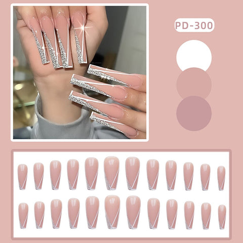 Long Coffin Nails Tips 24Pcs Glossy Wearable Nail Tips Design Pink Silver Fake Nail For Girl Press On Nails Free Shipping