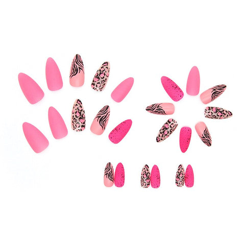 Beyprern 24Pcs Almond Press On Nail Manicure Pink Gorgeous False Nails Leopard-Print Matte Texture Wearing Fake Nails Stick On Nails