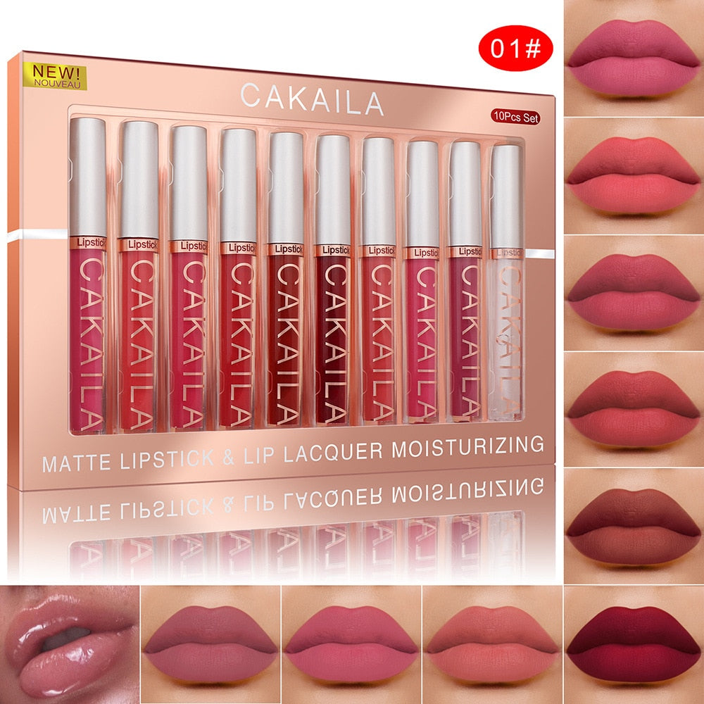 Beyprern 10 Colors/Set Nude Color Lip Glaze Matte Fashion Natural Long Lasting Waterproof Non-Stick Cup Liquid Lipstick Set Cosmetic
