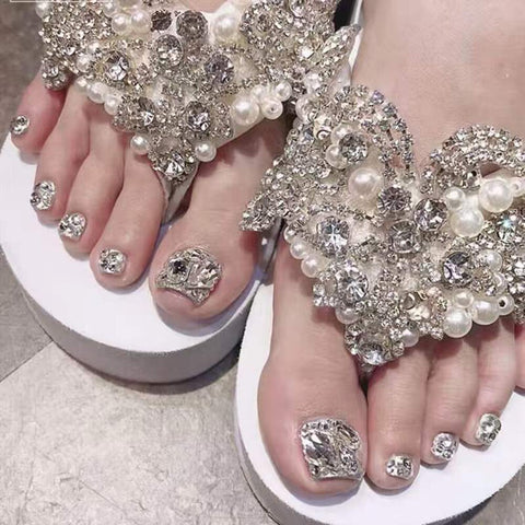 Cyber Monday Big Sales Press On Nails 2022 Summer Silver Diamond False Toe Nails Glitter Feet Nail Stickers Artificial Nail Tips Full Cover Fake Nails