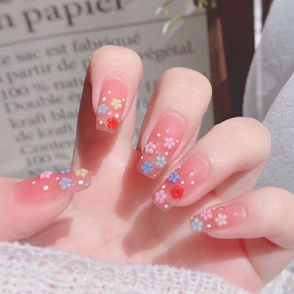 Press On Acrylic Nails Colorful Floral Japanese Nails Mid-length Press On Nail Elegant Fingernail Sticker Full Cover Nail Tips