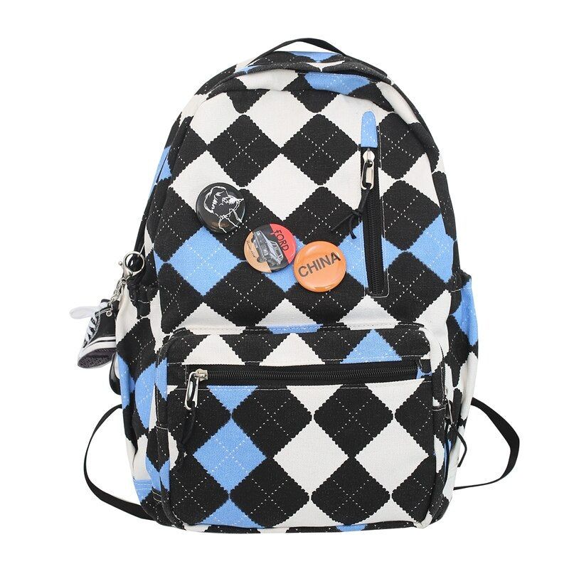 Beyprern Simple Women's Nylon Backpack For Cute Girls Plaid School Bag Large Capacity Travel Rucksack Ladies Anti Theft Canvas Mochila
