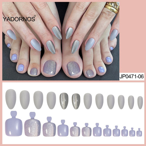 Beyprern 48Pcs False Nails For Foot And Finger Set Grey Crystal Glitter Full Cover Wearable Press On Nails With Designs Free Shipping